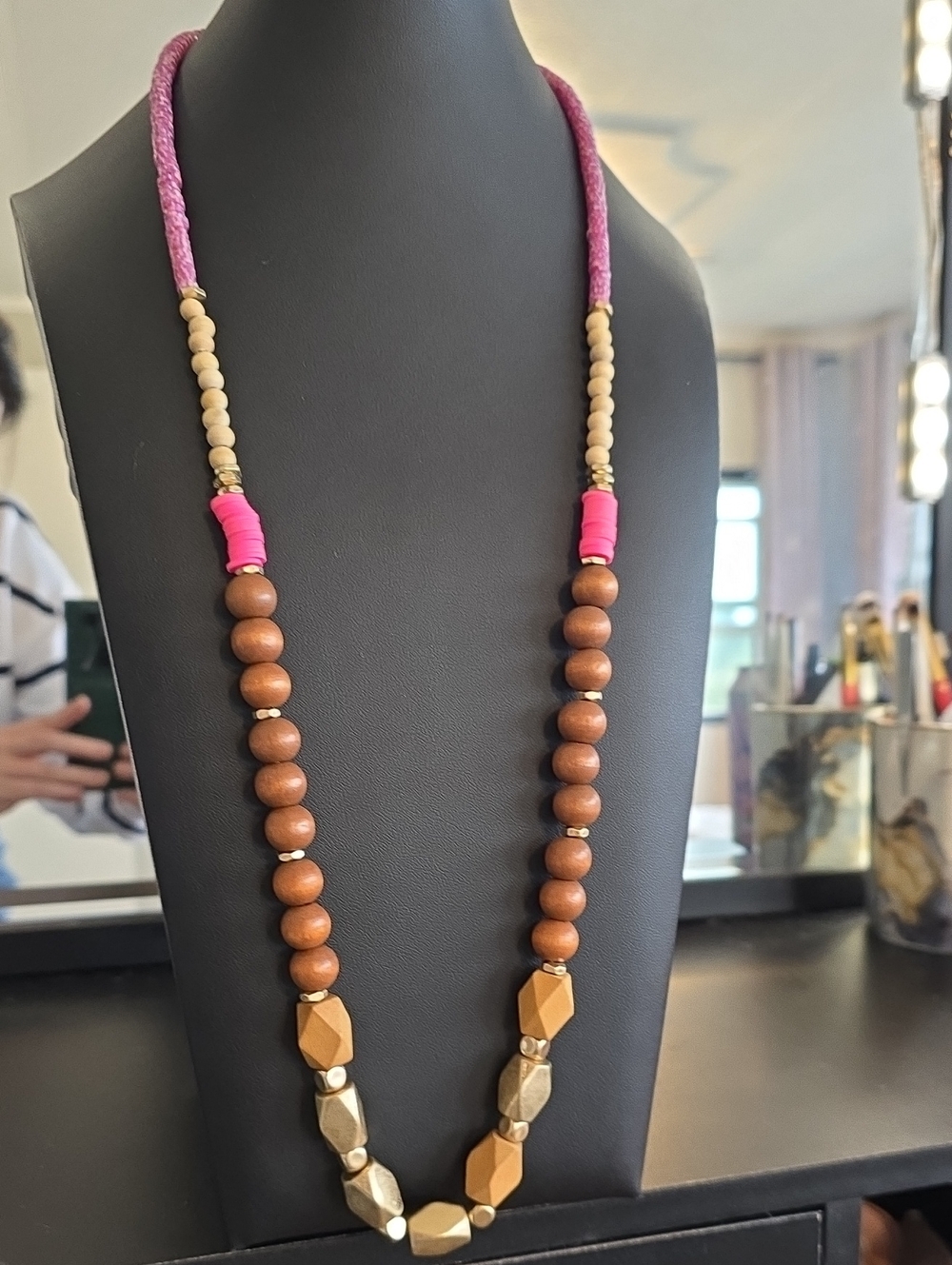 Boho Pink and Natural Beaded Necklace (H)